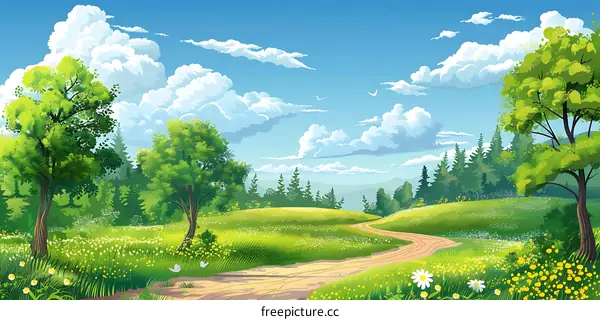 Summer Landscape with Winding Road and Green Trees