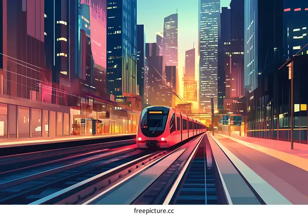 Cityscape with train departing station at sunset