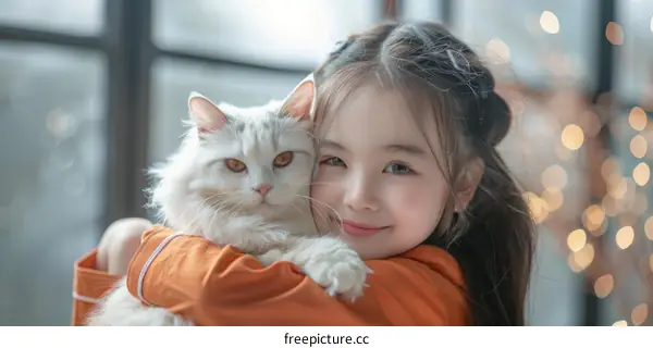 An adorable little Asian girl hugging a white Persian cat
