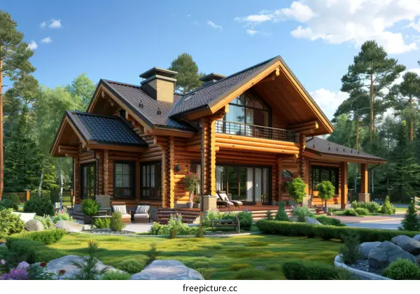 Luxury modern two-story wooden house with a beautiful landscape