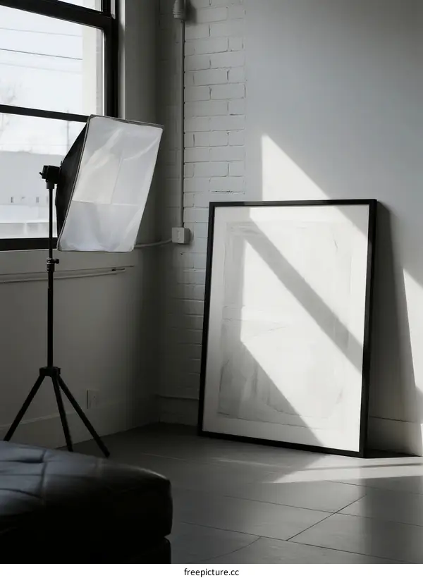 Indoor photography setup with softbox and empty picture frame