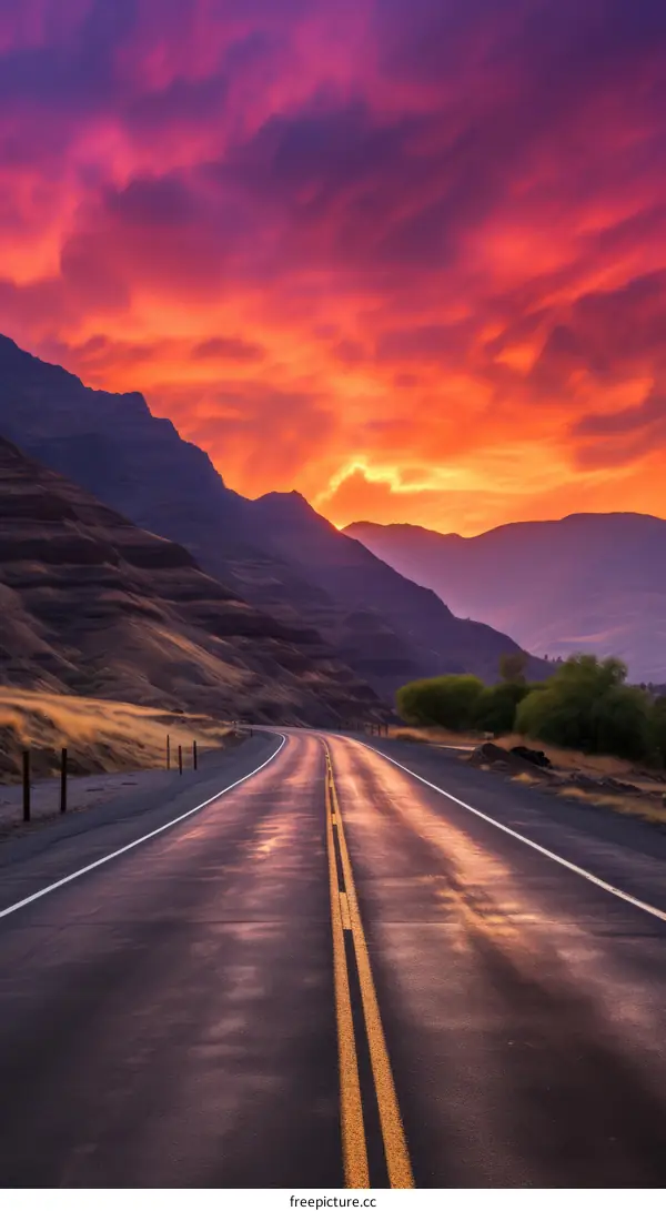 Scenic Sunset Road Through Majestic Mountains