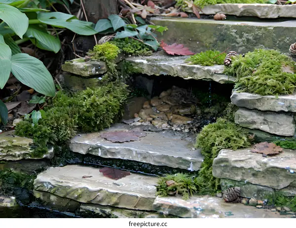 Closeup of Moss Covered Stone Steps with Water Flowing