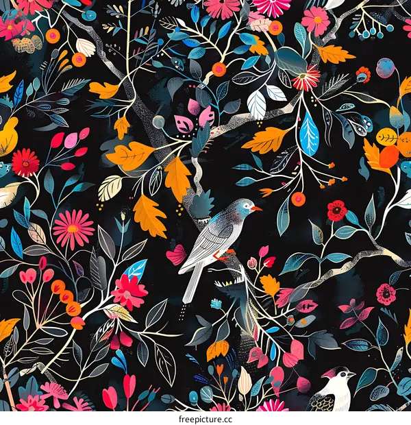 Floral Pattern With Birds and Black Background