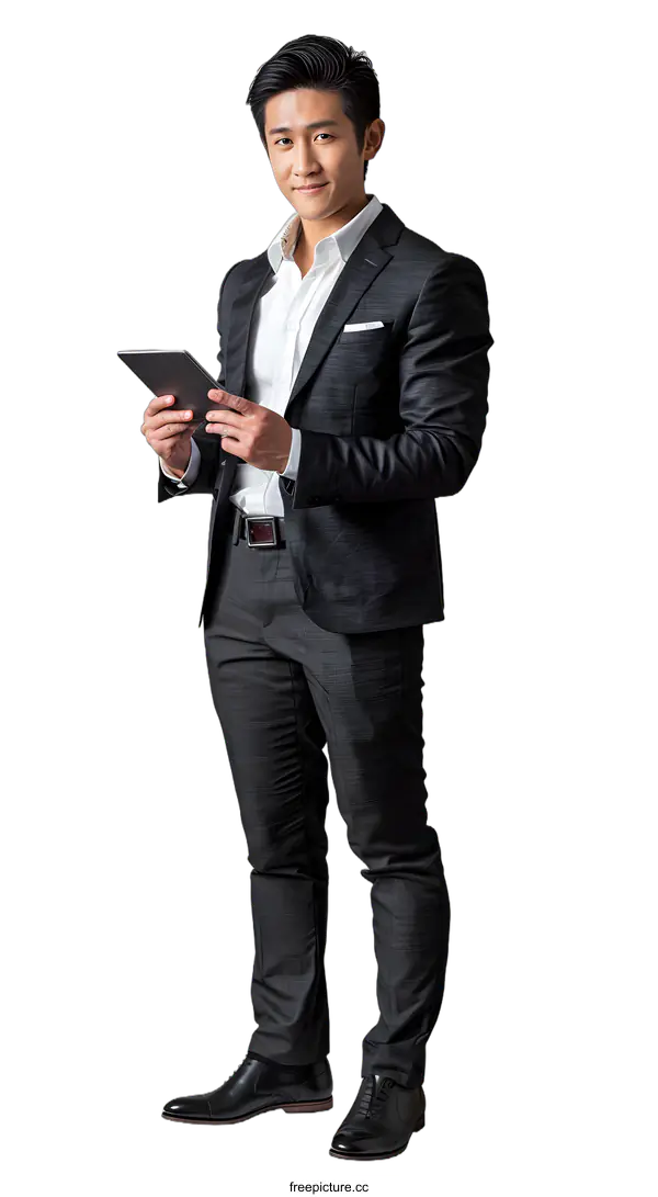 [Transparent Background PNG]Young Asian businessman holding a tablet on white background