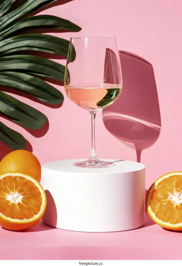 Pink Wine and Orange Slices on a Pink Background