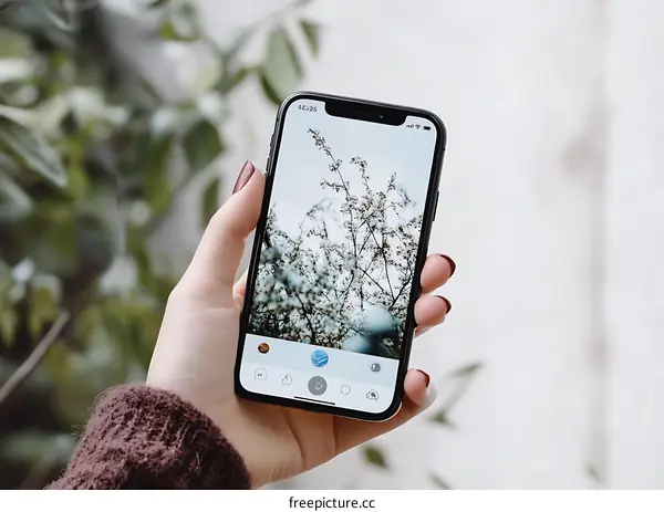 Woman Holding Smartphone Showing Photo Of Blooming Tree