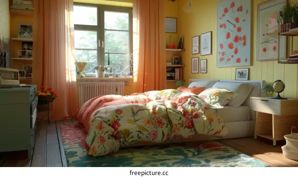 Illustrative Cozy Bedroom with Floral Bedding