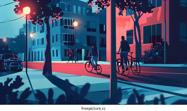 Night Cityscape with People Riding Bikes