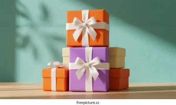 Colorful Gift Boxes with White Ribbons Arranged in Stack