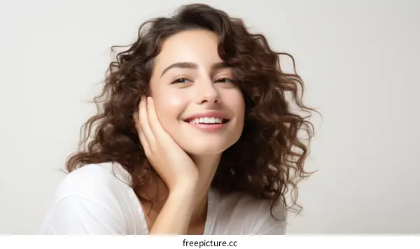 Portrait of a beautiful young woman with curly hair smiling