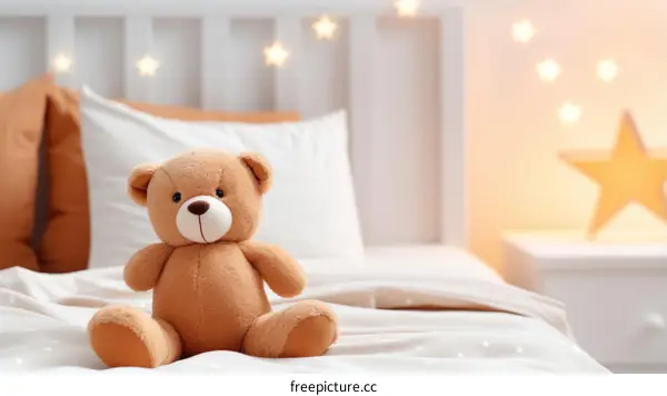 Cute Teddy Bear Sitting on a Bed