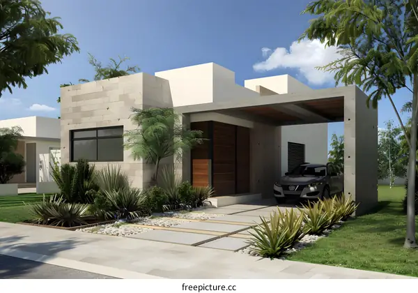 Modern House Exterior Design with Stone Wall and Carport