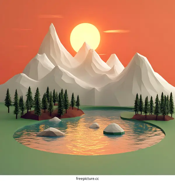 Low Poly Mountain Landscape With Lake And Sunset