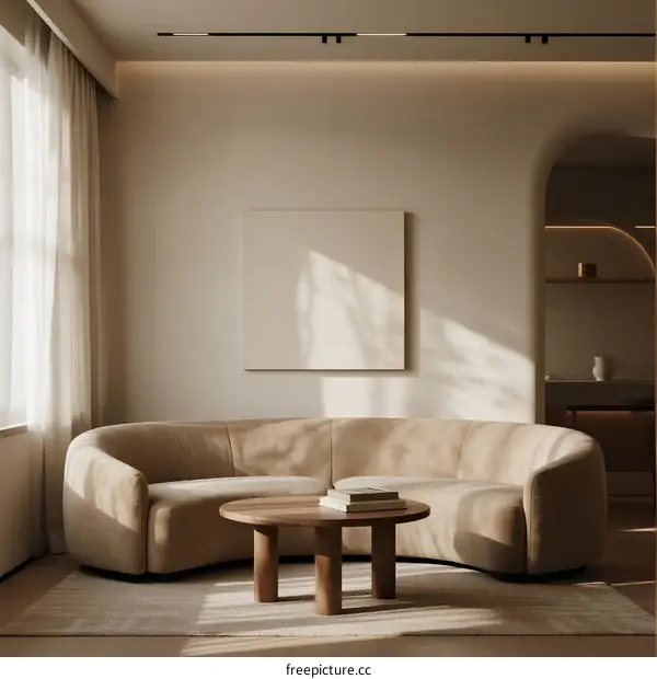 Modern curved sofa in minimalist living room with natural light