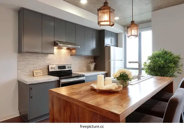 Modern Kitchen Island with Gray Cabinets and Wooden Countertop