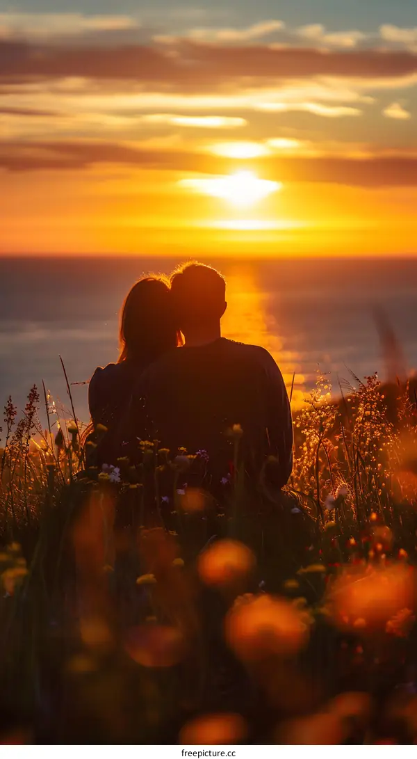 A couple is sitting on a cliff and watching the sunset.