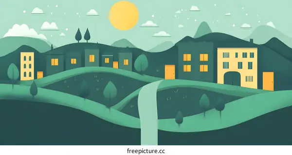 Green Hills Landscape Illustration With Small Town And Sun