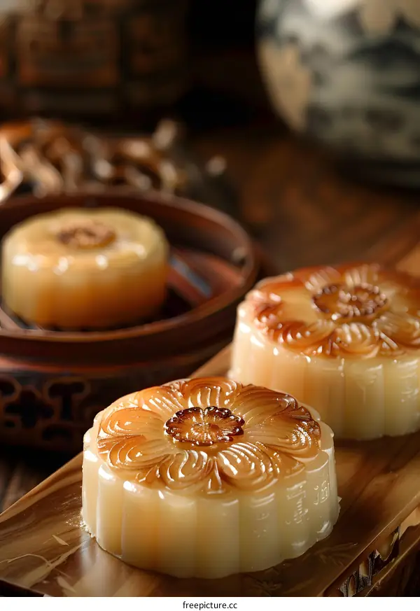 Close Up of Mooncakes with Flower Design on Wooden Tray