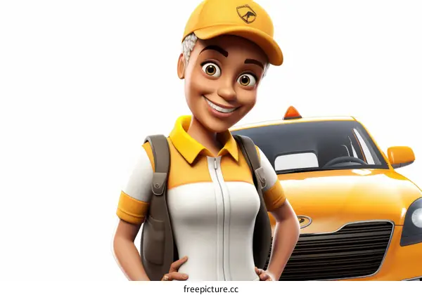 Happy smiling female rideshare driver standing next to her car