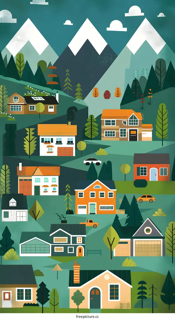 Colorful Illustration of a Small Town with Houses and Mountains in the Background