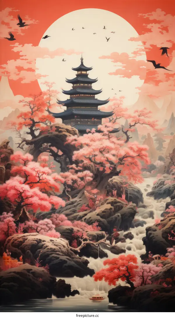 Japanese pagoda in a cherry blossom forest