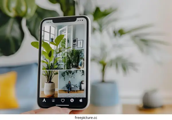 Close up of a Smartphone Showing Photos of Plants and a Woman Sitting on a Couch in a Room