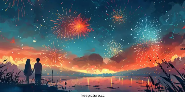 Couple Watching Fireworks Over a City Skyline