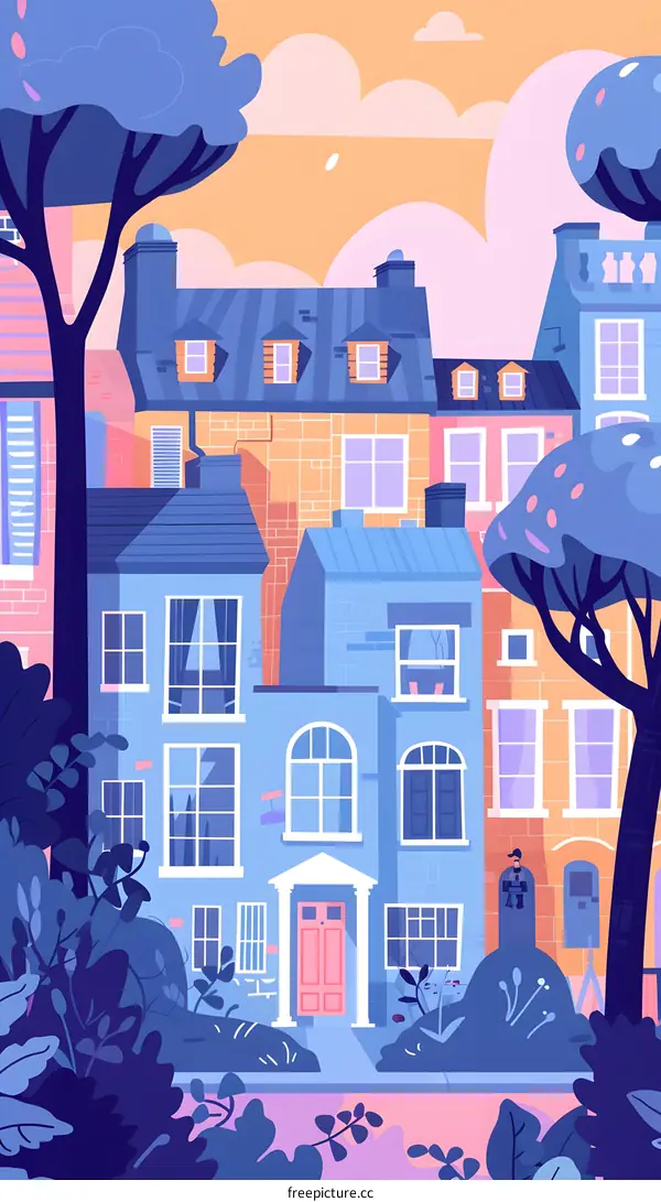 Colorful Illustration of Houses and Trees