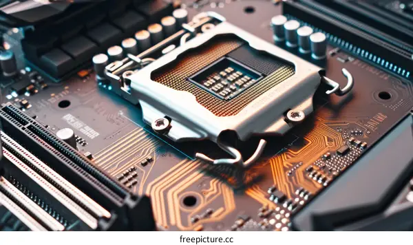 Close up image of an empty CPU socket on a computer motherboard
