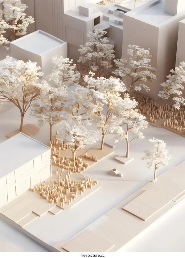 White Minimalist City Model with Trees and Buildings