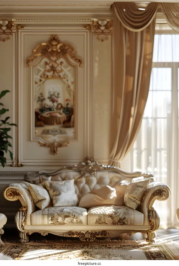ornate golden sofa in a classic living room interior