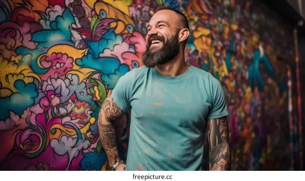 A man with tattoos and a beard is standing in front of a graffiti wall and smiling.