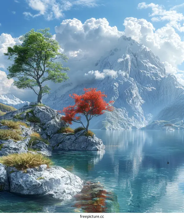 Two Trees on a Rocky Shore with a Snow-Capped Peak in the Distance