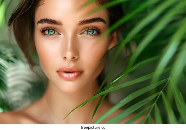 Close Up Portrait of Beautiful Woman with Green Eyes and Lush Green Plants