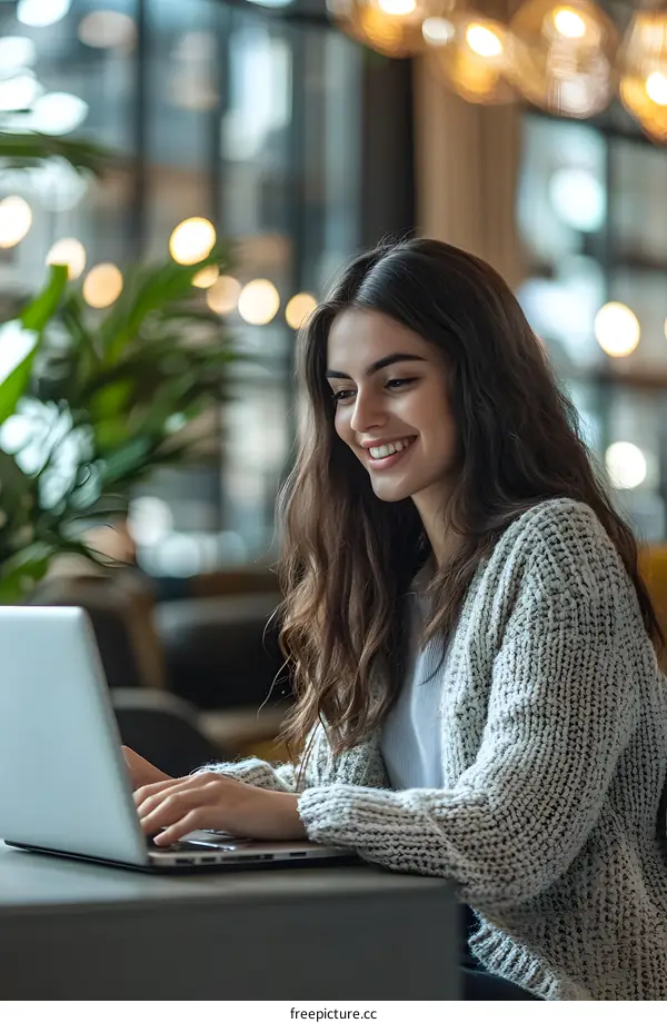 Smiling Woman Using Laptop in Modern Cafe