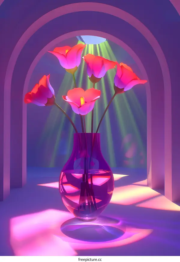 Pink Flowers in a Glass Vase with Purple Archway