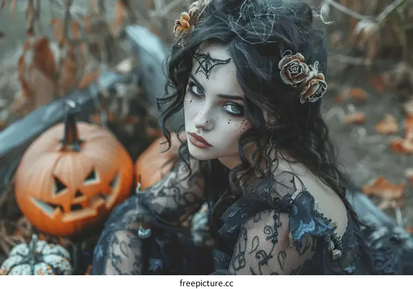 Mystical Young Lady in a Black Dress with Pumpkin