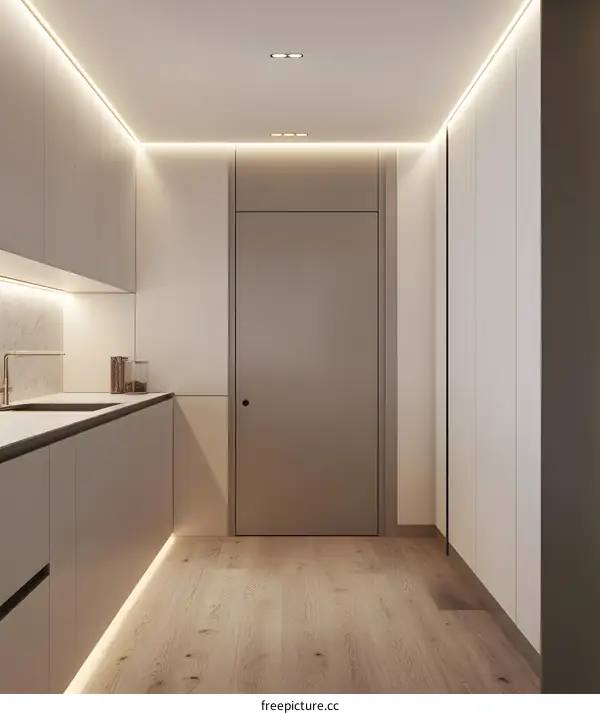Minimalist Kitchen Interior Design With Modern Cabinets And Lighting