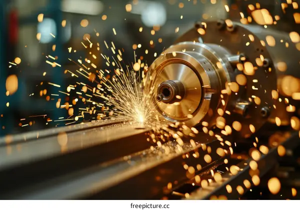 Industrial machine processes metal with sparks flying
