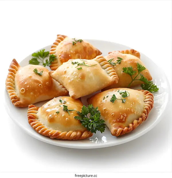 Empanadas with parsley on white plate