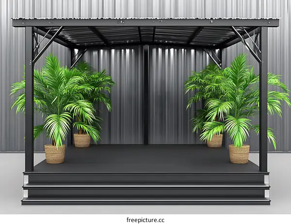 Modern Minimalist Black Metal Canopy With Green Palm Plants
