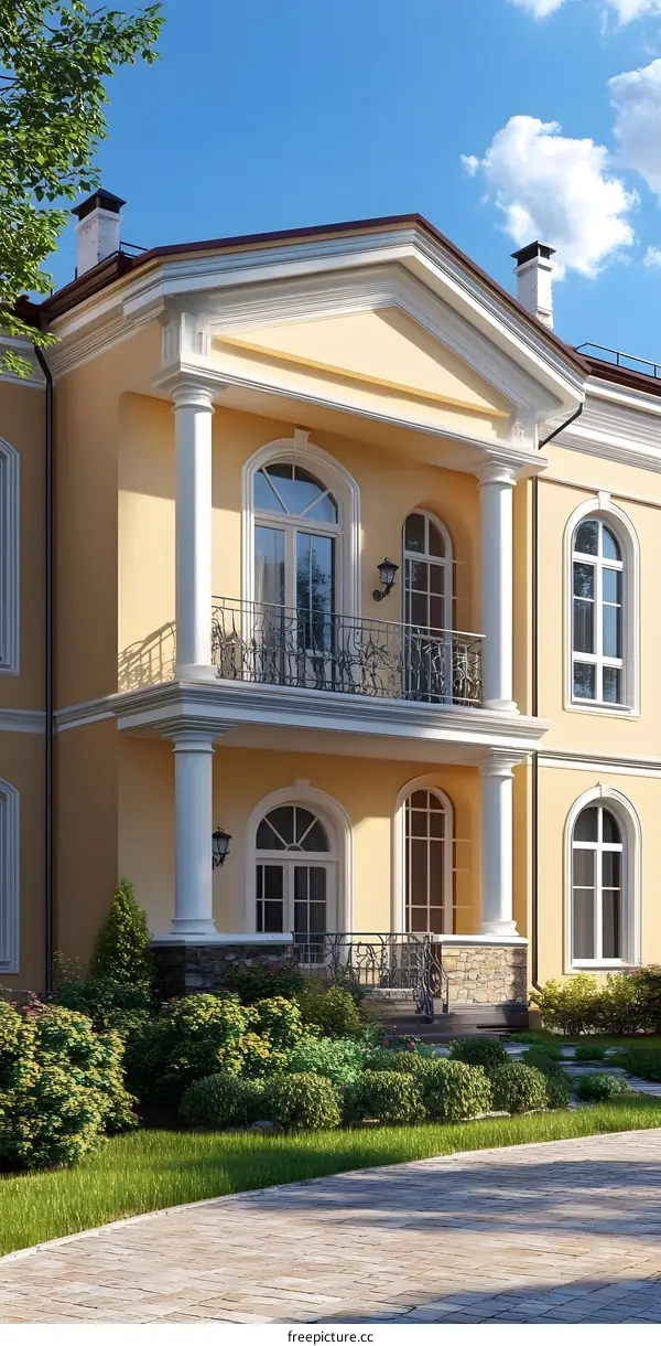 Classic Yellow House with White Columns and Balconies