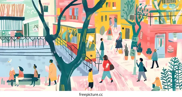 Colorful Illustration of a City Street with People and Buildings
