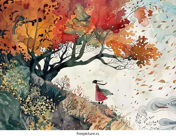 Autumn Wind Watercolor Illustration with Girl
