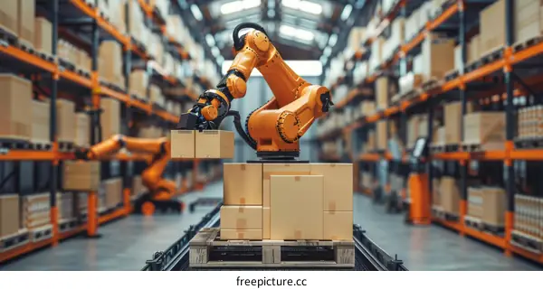 Orange Robotic Arm Lifting Cardboard Boxes in Warehouse