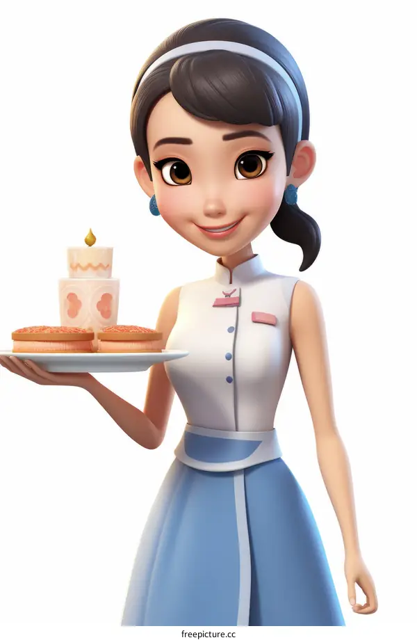 A 3D illustration of a young waitress holding a plate of pastries