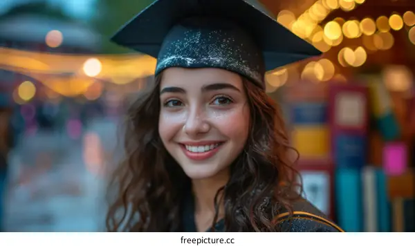 A young woman in a graduation cap and gown smiles at the camera.
