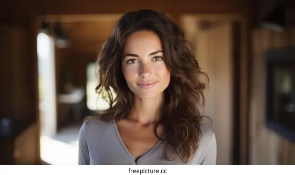 Portrait of a beautiful young woman with long brown hair smiling