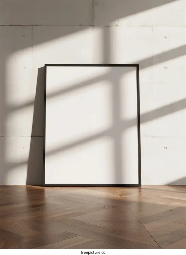 A minimalist black frame with white canvas leaning against concrete wall